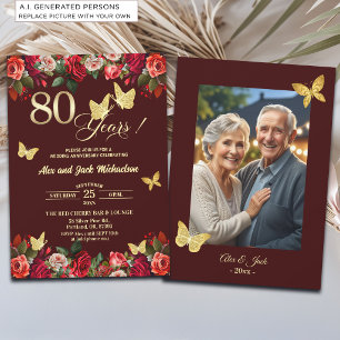 Elegant Floral Gold 80th Wedding Anniversary Photo Invitation