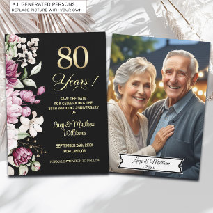 Elegant Floral Gold 80th Wedding Anniversary Photo Save The Date