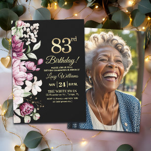 Elegant Floral Gold 83 Birthday Photo Invitation