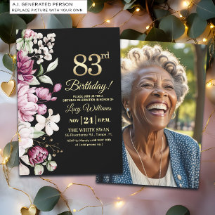 Elegant Floral Gold 83 Birthday Photo Invitation