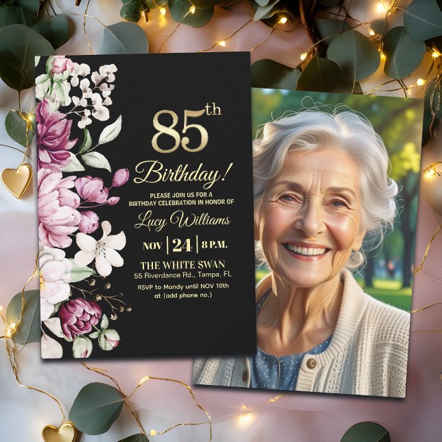 Elegant Floral Gold 85 Birthday Photo Invitation (Creator Uploaded)