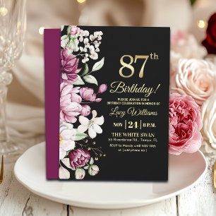 Elegant Floral Gold 87 Birthday Party Invitation