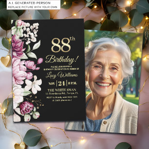 Elegant Floral Gold 88 Birthday Photo Invitation