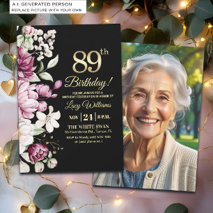 Elegant Floral Gold 89 Birthday Photo Invitation