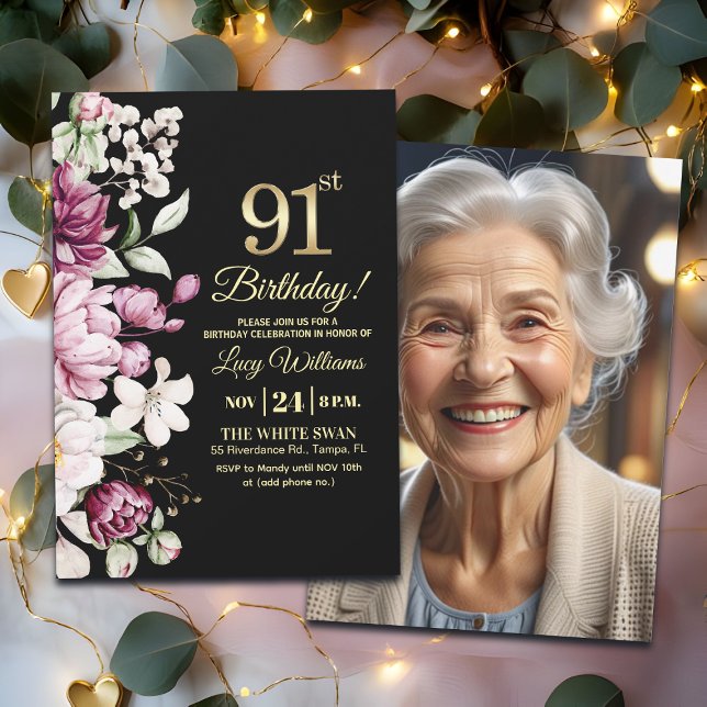 Elegant Floral Gold 91 Birthday Photo Invitation (Creator Uploaded)