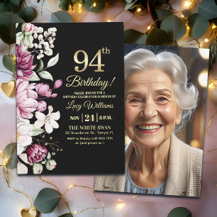 Elegant Floral Gold 94 Birthday Photo Invitation