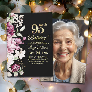 Elegant Floral Gold 95 Birthday Photo Invitation