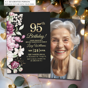 Elegant Floral Gold 95 Birthday Photo Invitation