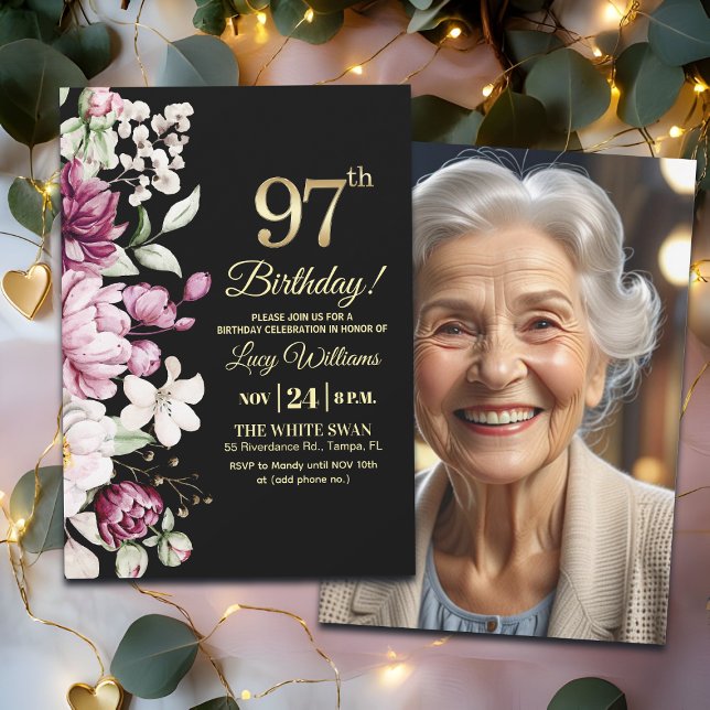 Elegant Floral Gold 97 Birthday Photo Invitation (Creator Uploaded)