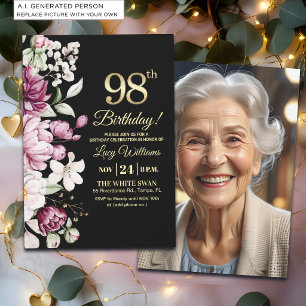 Elegant Floral Gold 98 Birthday Photo Invitation