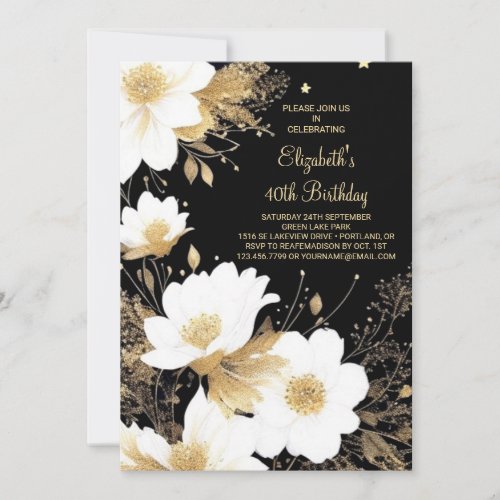 Elegant Floral Gold and Black Online 40th Birthday Invitation