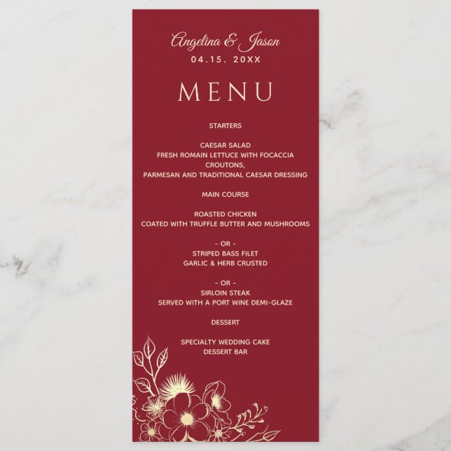 Elegant Floral Gold and Burgundy Wedding Menu (Front)