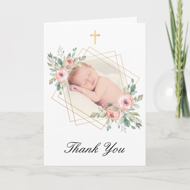 Elegant Floral Gold And Peach  Baptism Thank You Card (Front)
