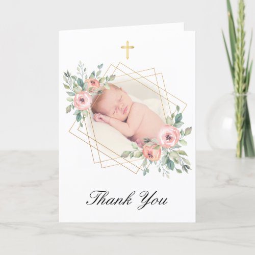 Elegant Floral Gold And Peach Baptism Thank You Card