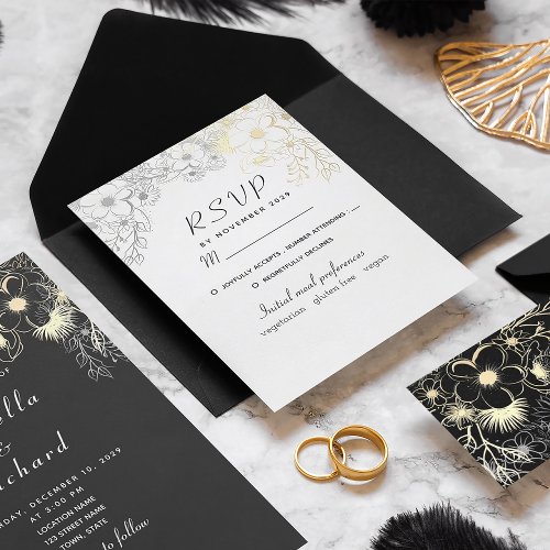 Elegant Floral Gold Black and White Wedding RSVP Card