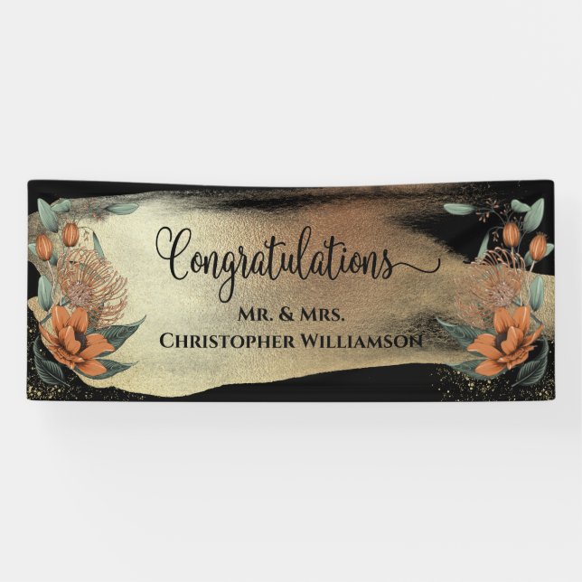 Elegant Floral Gold Black Congratulations Wedding Banner (Horizontal)