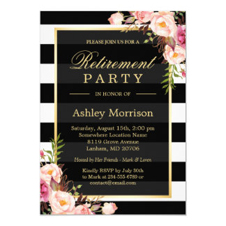 Elegant Floral Gold Black Stripes Retirement Party Card