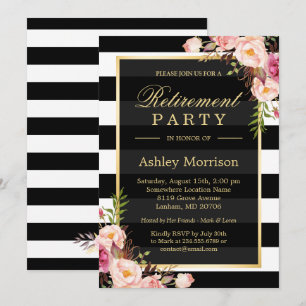 Elegant Floral Gold Black Stripes Retirement Party Invitation