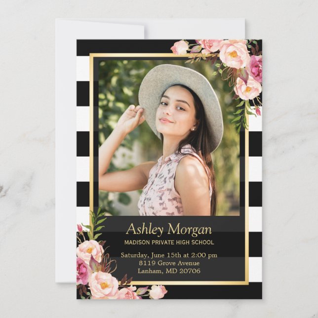 Elegant Floral Gold Black White Stripes Graduation Announcement (Front)