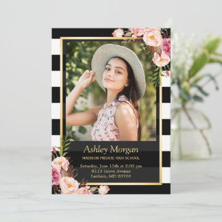 Elegant Floral Gold Black White Stripes Graduation Announcement