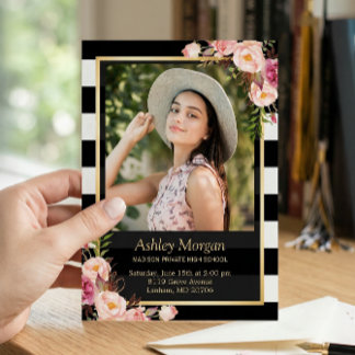 Elegant Floral Gold Black White Stripes Graduation Announcement