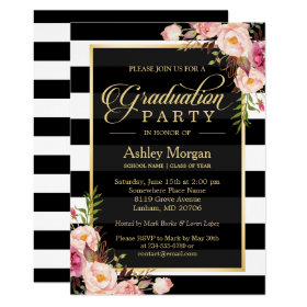 Elegant Floral Gold Black White Stripes Graduation Card