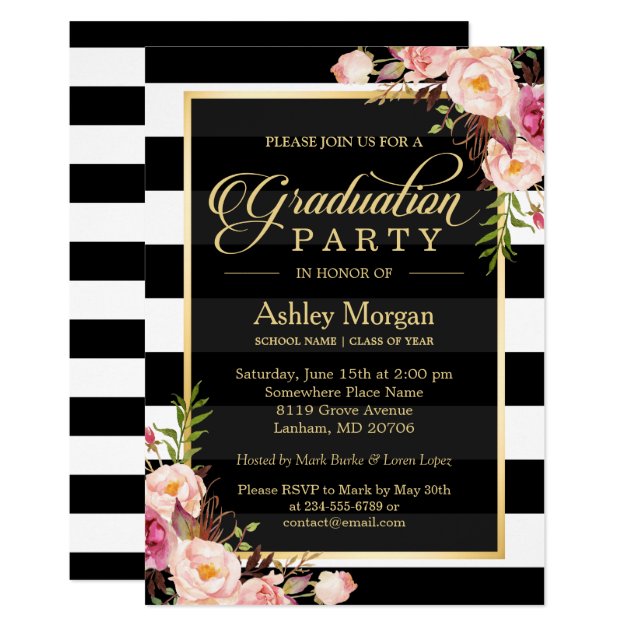 Elegant Floral Gold Black White Stripes Graduation Card (front side)