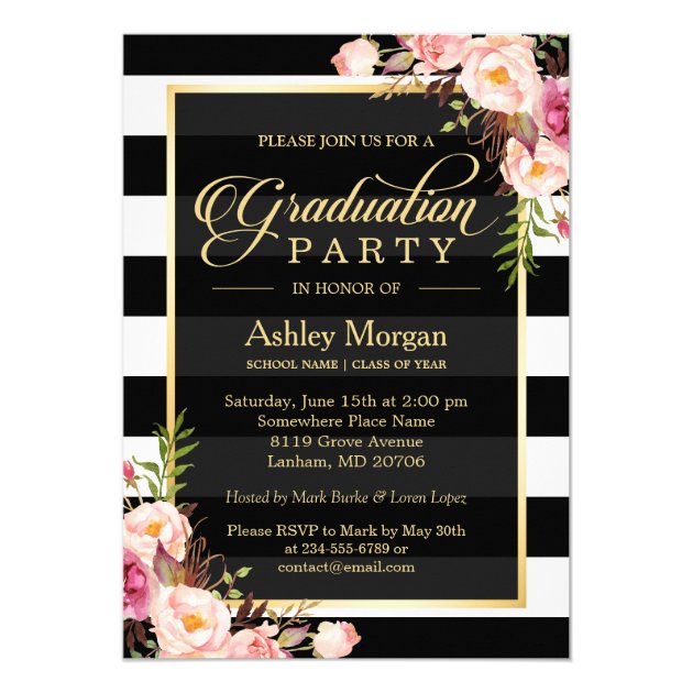 Elegant Floral Gold Black White Stripes Graduation Card