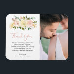 Elegant Floral Gold Blush Pink Photo Wedding Favor Magnet<br><div class="desc">Romantic floral wedding favor magnet featuring "Thank You" in an elegant script and watercolor flowers in blush pink, dusty rose, champagne and ivory along with gold accent pieces. Below is your personalized message and to the right is your favorite photo. These elegant thank you magnets make useful wedding favors and...</div>