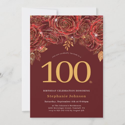 Elegant Floral Gold Burgundy 100th Birthday Invitation