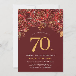 Elegant Floral Gold Burgundy 70th Birthday Invitation