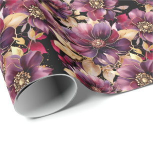 Elegant floral Gold Burgundy Purple Black Wrapping Paper