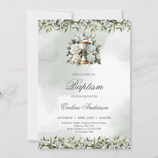 Elegant floral gold chalice white lilies Baptism Invitation (Front)