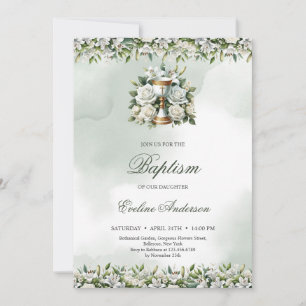 Elegant floral gold chalice white lilies Baptism Invitation