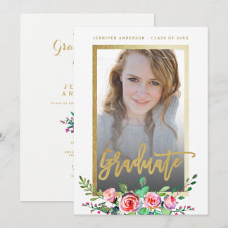 Elegant Floral Gold Chic Photo Graduation Party Invitation