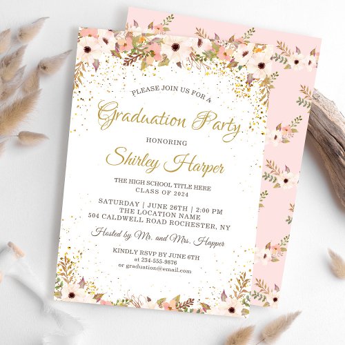 Elegant Floral Gold Confetti Pink Graduation Party Card