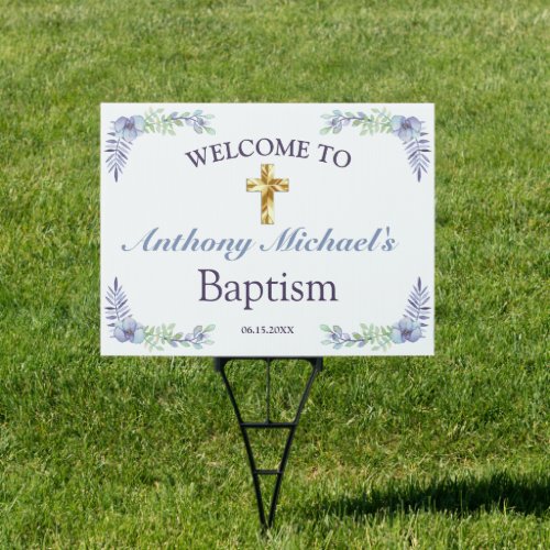 Elegant Floral Gold Cross Baby Baptism Welcome Sign
