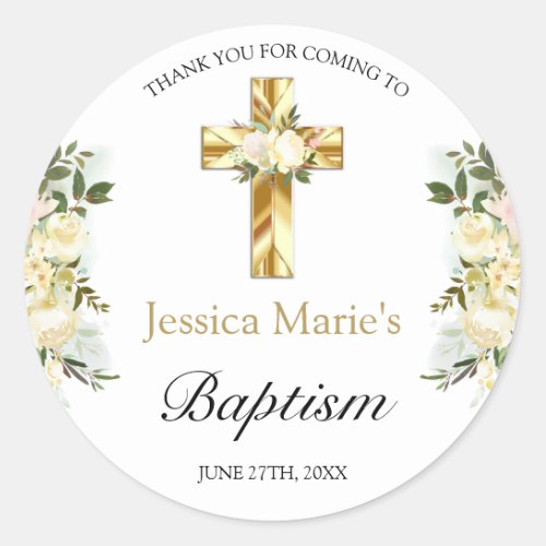 Elegant Floral Gold Cross Baptism Thank You Classic Round Sticker
