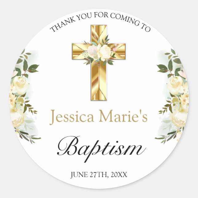 Elegant Floral Gold Cross Baptism Thank You Classic Round Sticker (Front)