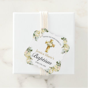 Elegant Floral Gold Cross Baptism Thank You Favor Tags
