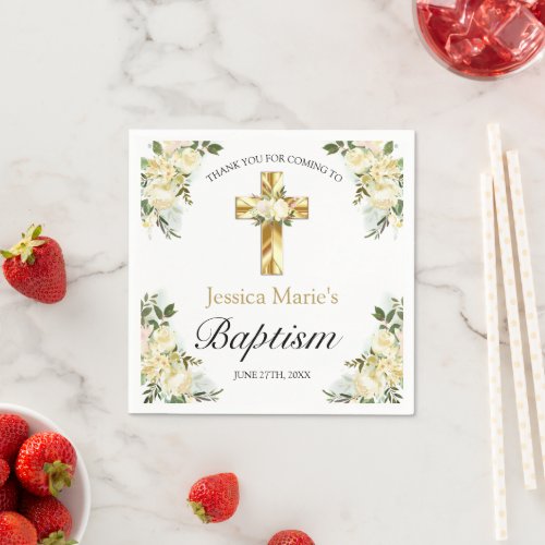 Elegant Floral Gold Cross Baptism Thank You Napkins