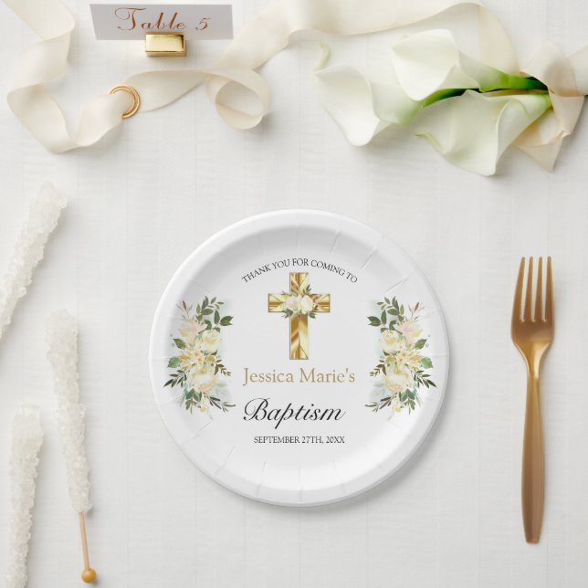 Elegant Floral Gold Cross Baptism Thank You Paper Plates (Wedding)