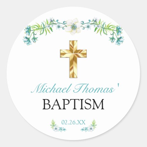 Elegant Floral Gold Cross Boy Baptism Classic Round Sticker