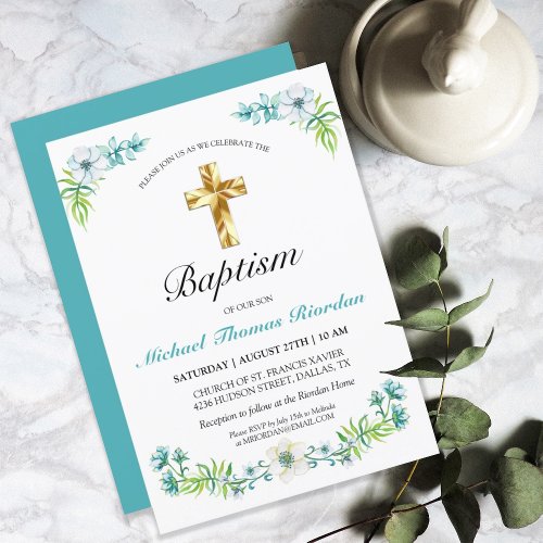 Elegant Floral Gold Cross Boy Baptism Invitation