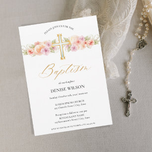 Elegant Floral Gold Cross Christening Baptism Invitation