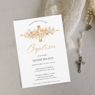 Elegant Floral Gold Cross Christening Baptism Invitation