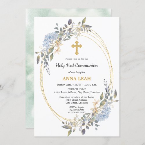 Elegant Floral Gold Cross First Communion Invitation