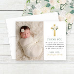 Elegant Floral Gold Cross Girl Baptism Photo Thank You Card<br><div class="desc">This elegant baby girl baptism or first communion thank you card design features a baby photo with stylish green, gold, and gray text that can be fully personalized, accented by a gold cross decorated with a beautiful garden floral arrangement of neutral white, blush pink, and cream colored rose flowers with...</div>