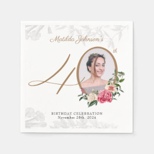 Elegant Floral Gold Custom Photo 40th Birthday Napkins
