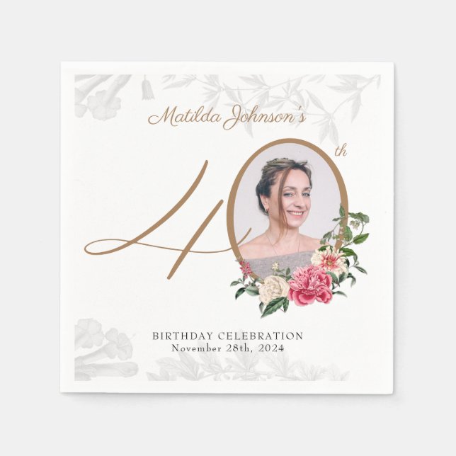 Elegant Floral Gold Custom Photo 40th Birthday  Napkins (Front)